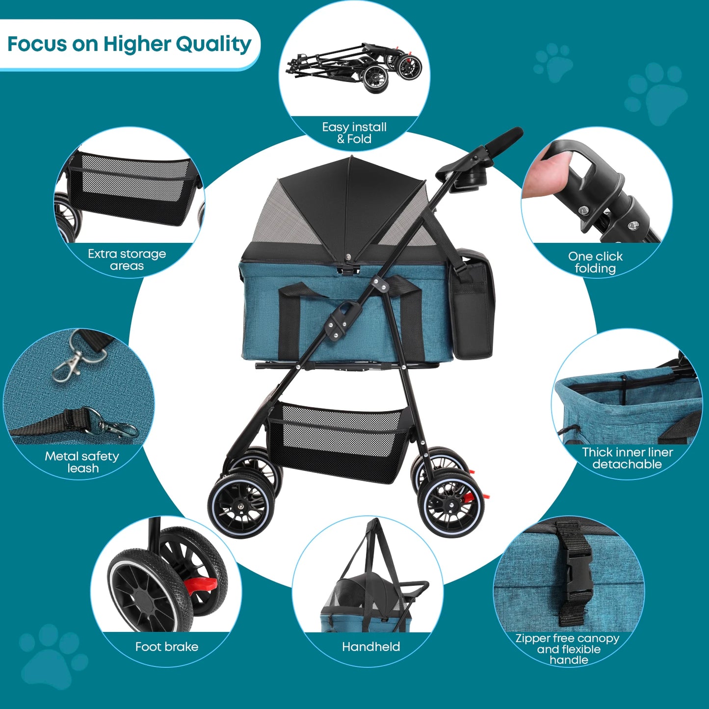 Chihuahua 3 in 1 Pet Stroller For Dogs Cats Foldable
