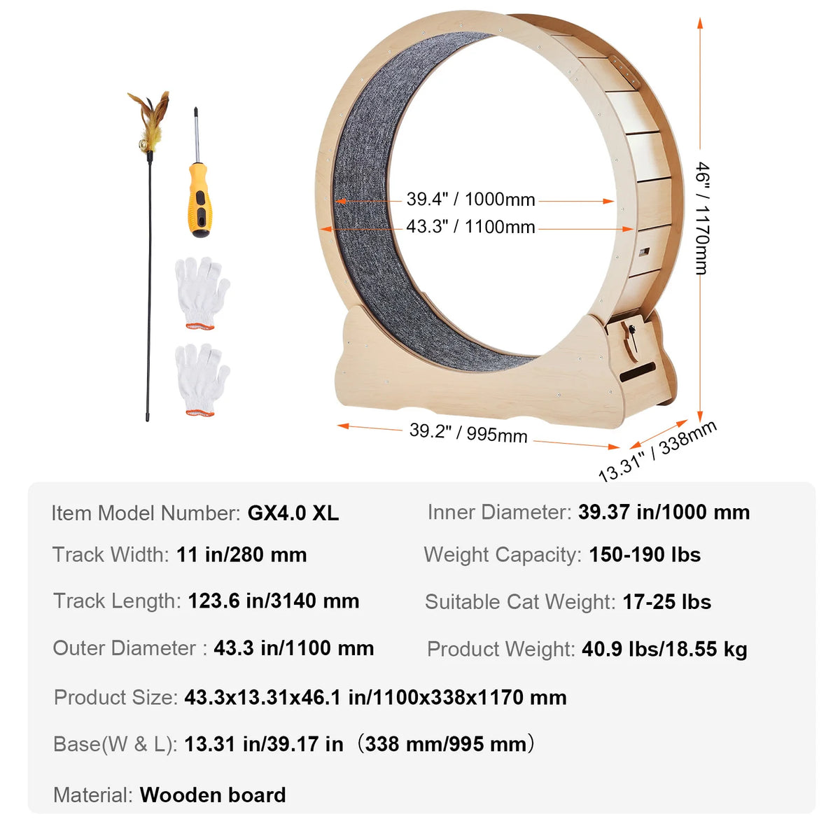 Wooden Cat Exercise Wheel With Detachable Carpet And Teaser