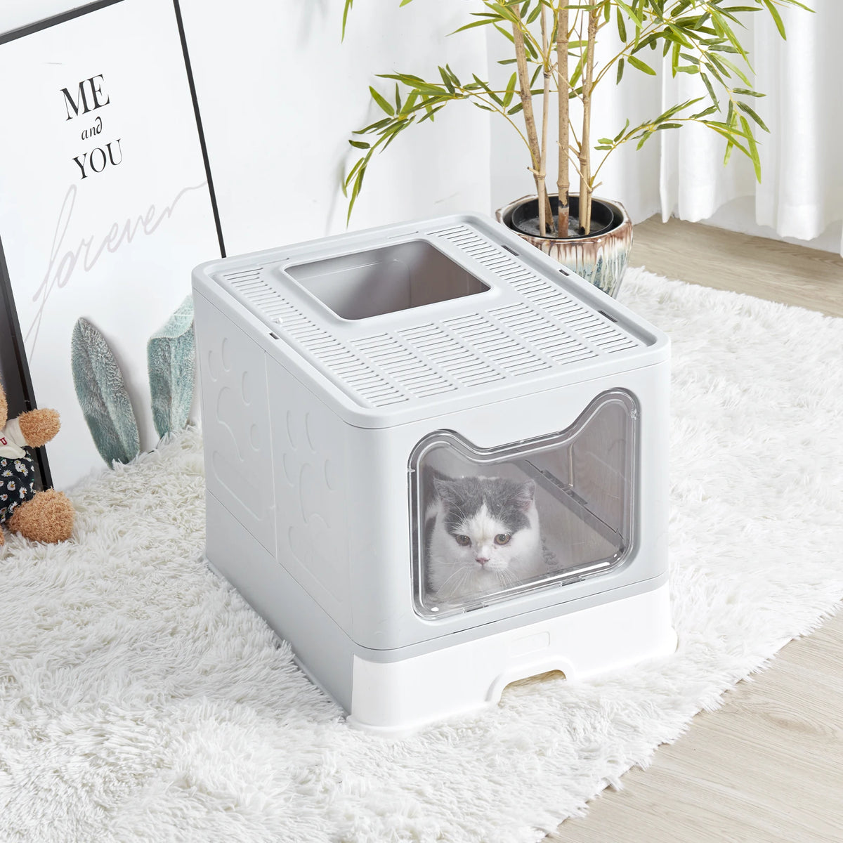 Foldable Cat Litter Box With Front Entry And Top Exit