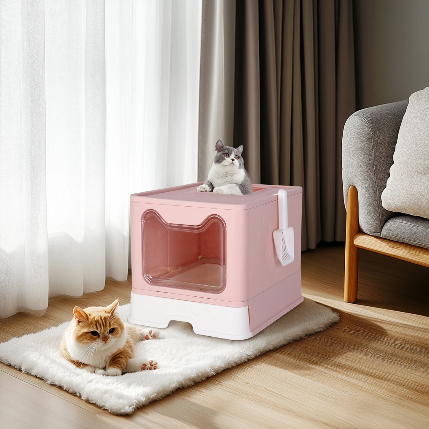 Foldable Portable Litter Box Enclosure With Fully Closed Scoop Drawer