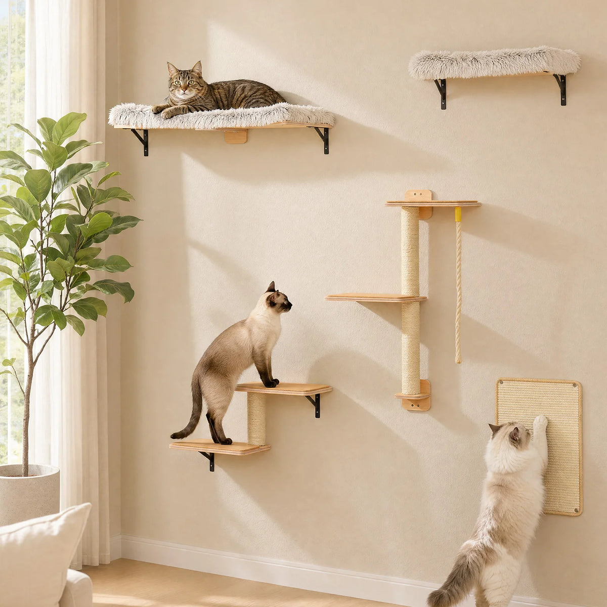PAWZ Road Wooden Cat Climbing Wall Shelves With Scratching Posts
