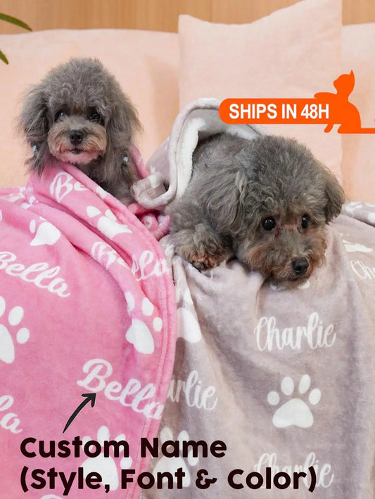 Personalized Pet Name Blanket With Paw Print Pattern Soft Fleece