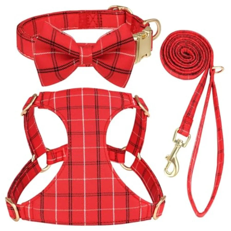 Adjustable Plaid Dog Harness Collar and Leash Set with Bowtie
