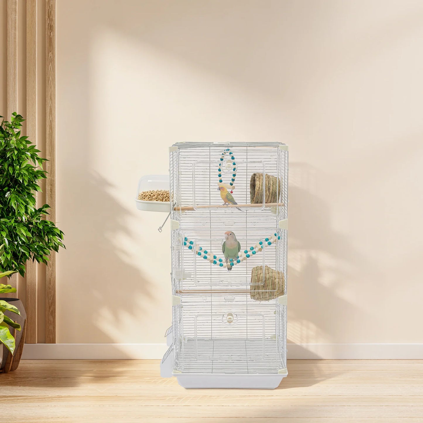 Bird Cage with Bird Nest, 3-Tier Metal Birdcage with 3 Access Doors & Bath Box for Budgies Canaries Parakeets, White