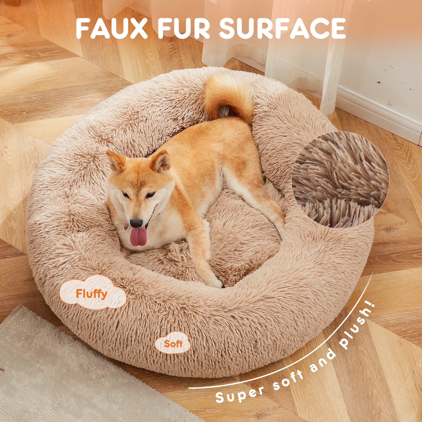 JHK Calming Dog Bed Plush Round Faux Fur For Comfort