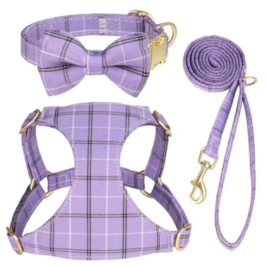 Adjustable Plaid Dog Harness Collar and Leash Set with Bowtie