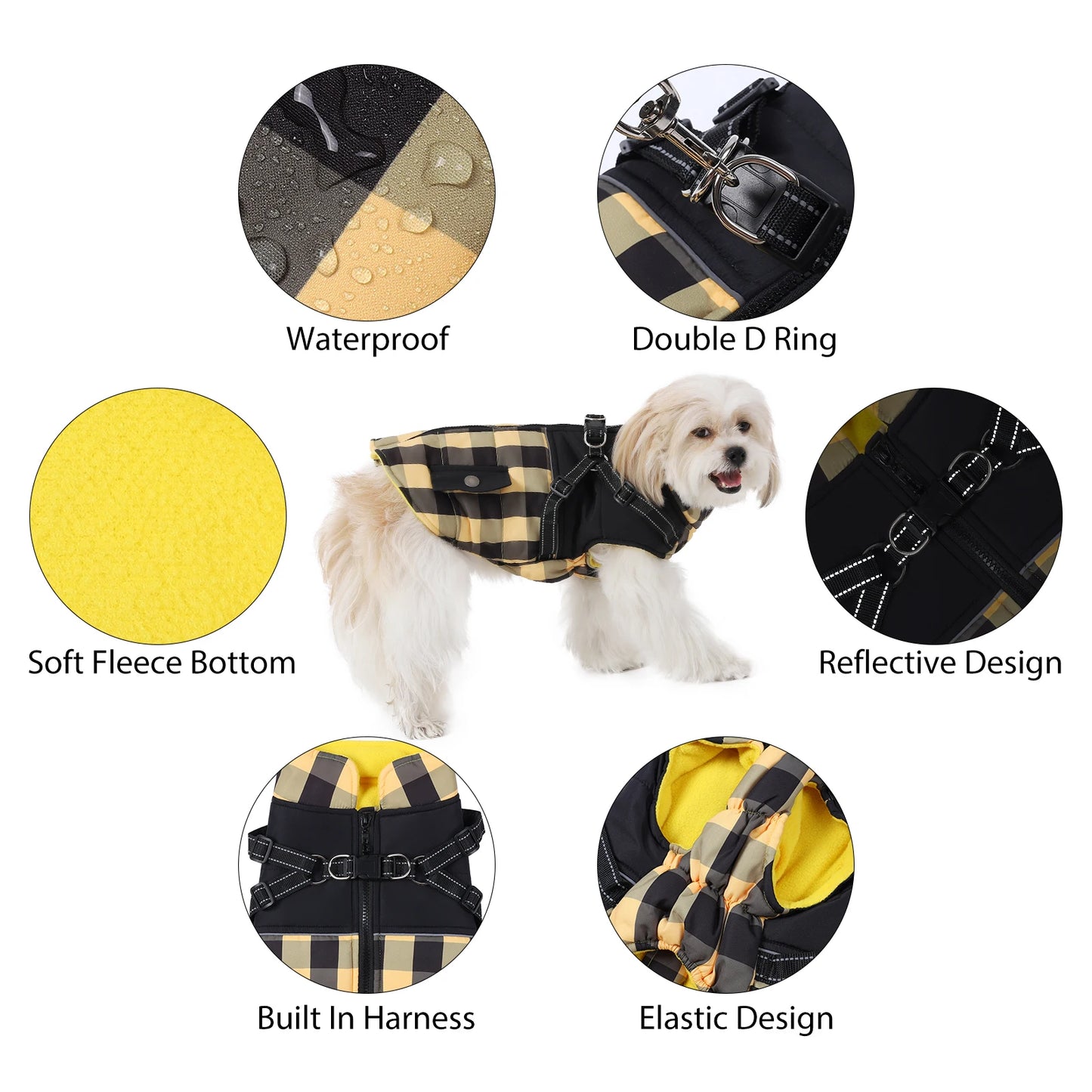 Plaid Padded Dog Jacket With Harness Windproof For Winter Weather