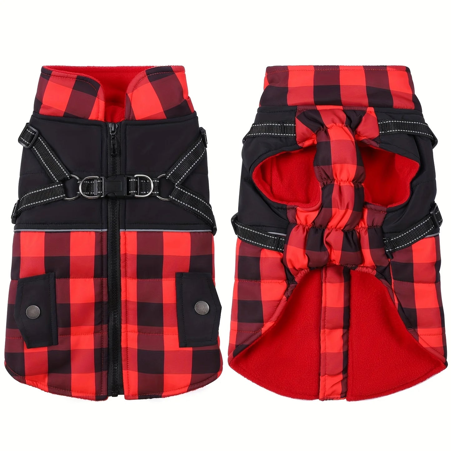 Plaid Padded Dog Jacket With Harness Windproof For Winter Weather