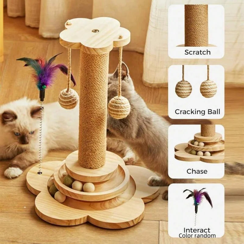 Wooden Cat Scratching Post And Indoor Activity Station