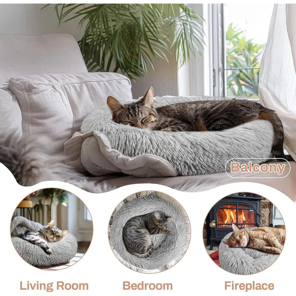 Calming Donut Cat Bed For Small Kittens Plush Indoor Use