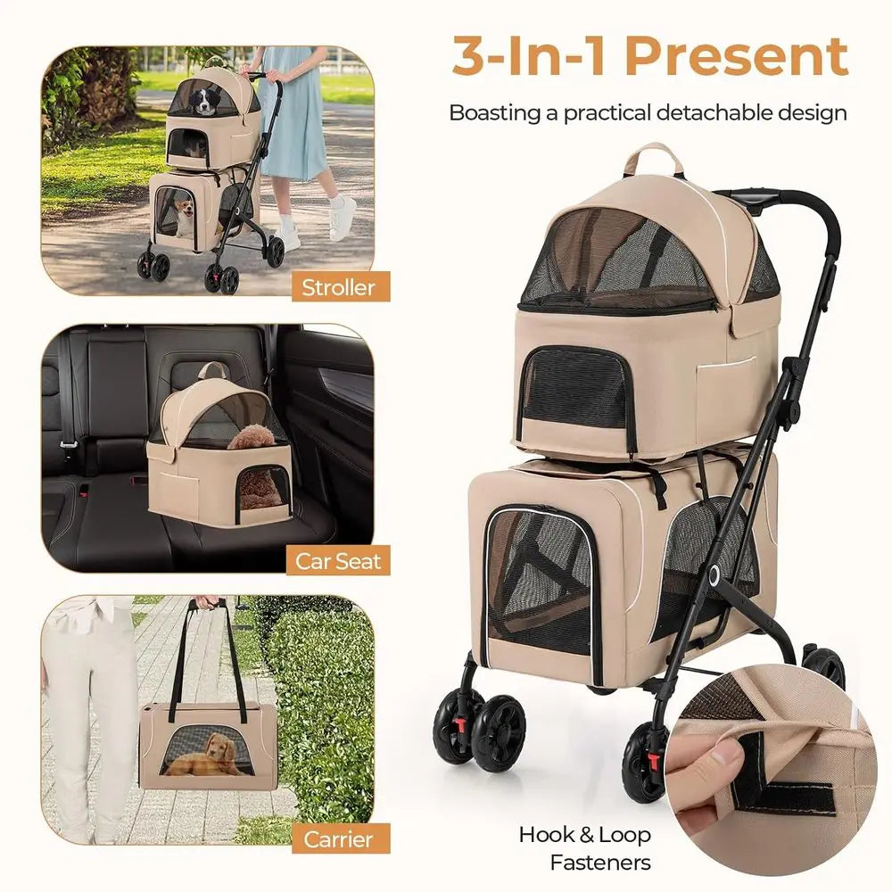 Double Dog Stroller Pet Carrier With Detachable Carriers
