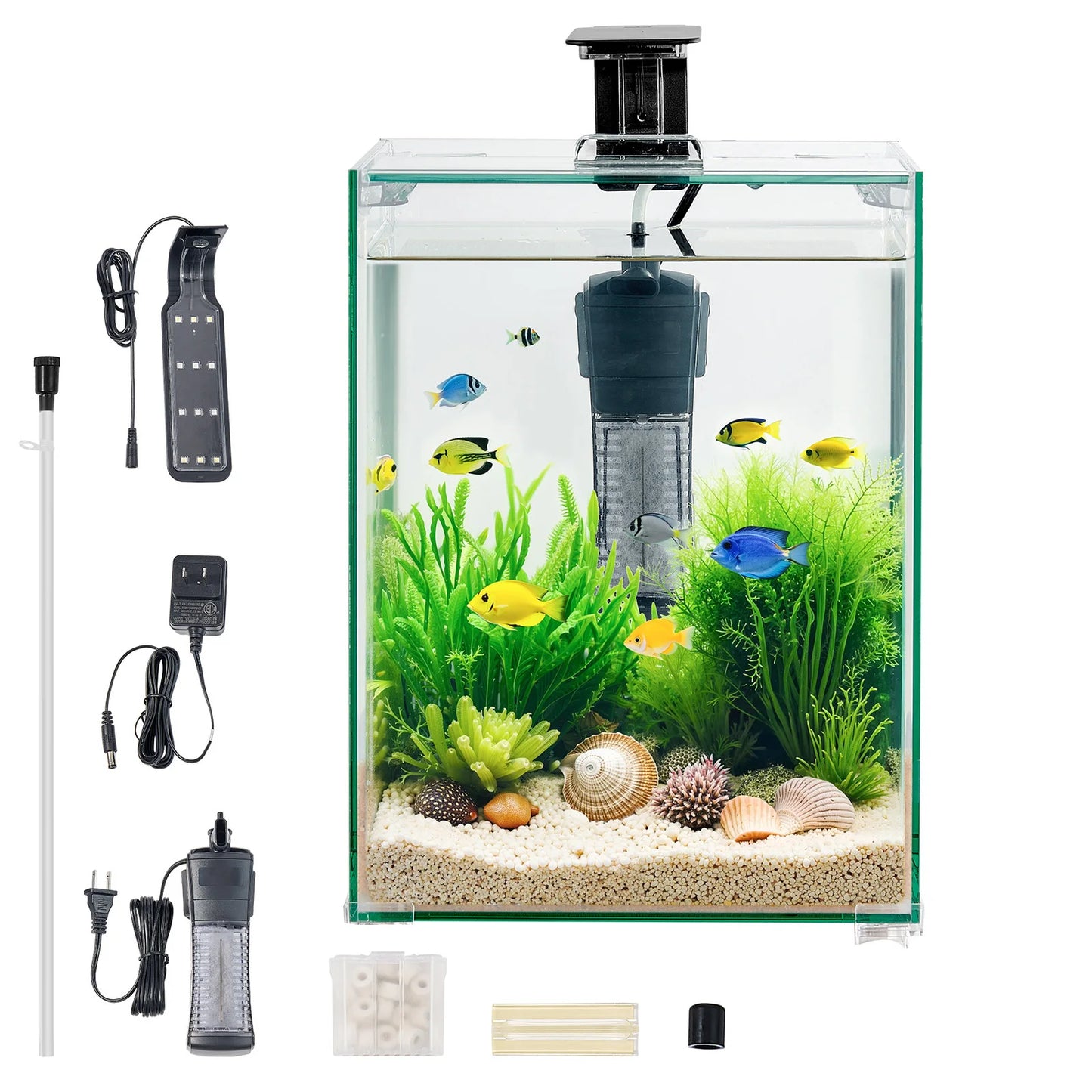 SucceBuy Fish Tank Aquarium 2/5Gal Square Ultra-Clear Glass Starter Tank Adjustable 3 Color Lighting Self Cleaning System for Home