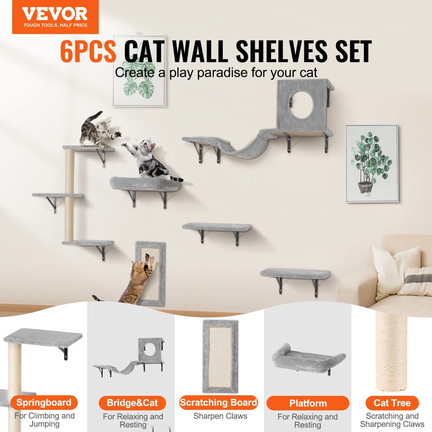 SucceBuy Wall Mounted Cat Shelves Three-Tier Perches
