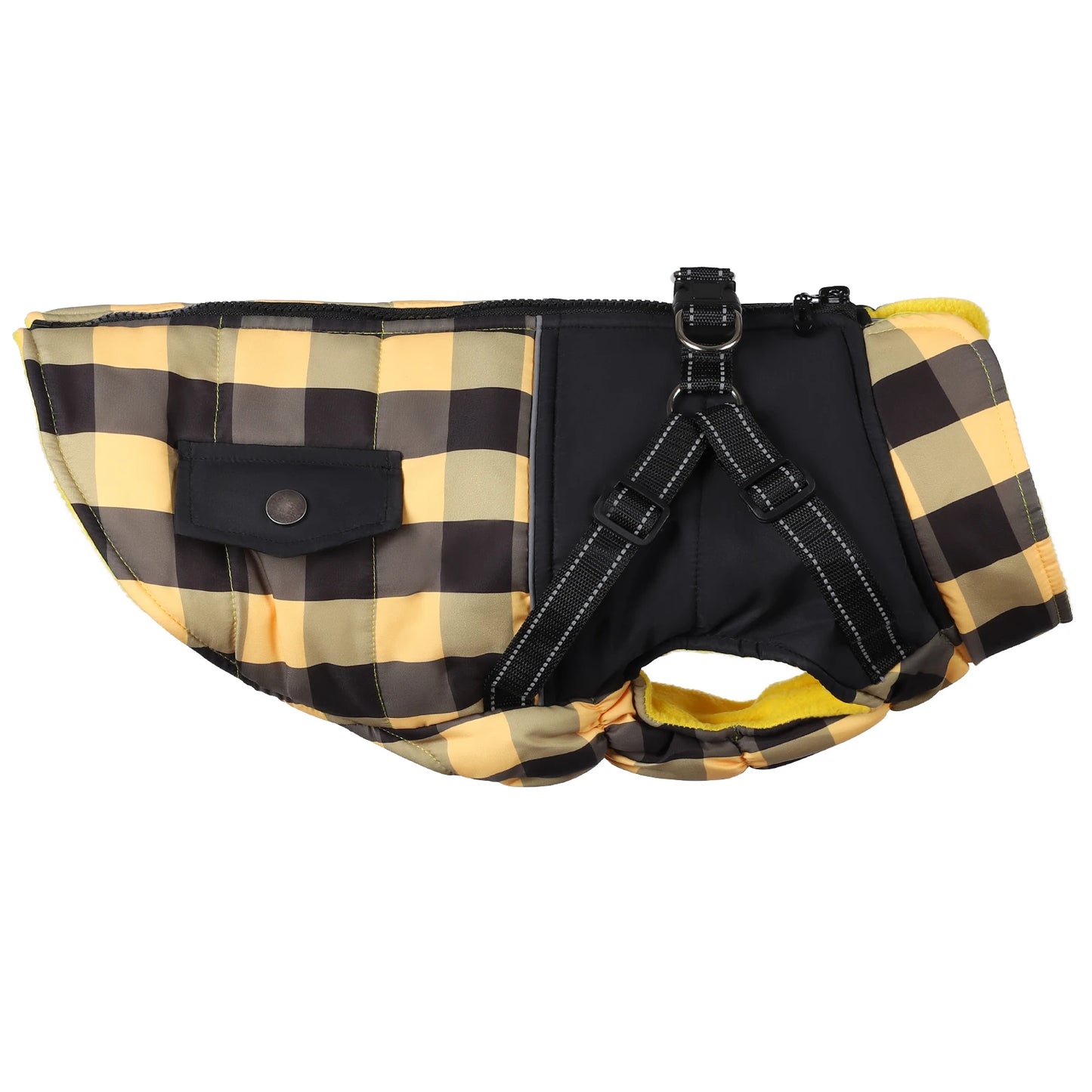 Plaid Padded Dog Jacket With Harness Windproof For Winter Weather