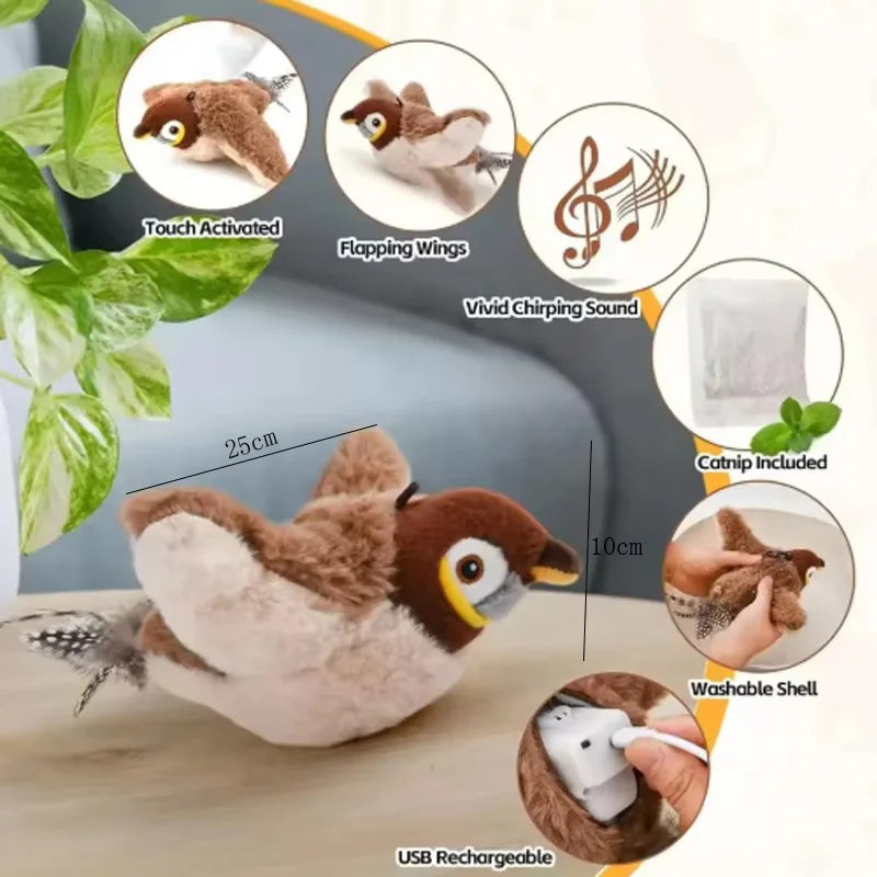 Simulated Bird Cat Toy With Touch Activated Chirping Plush Pet