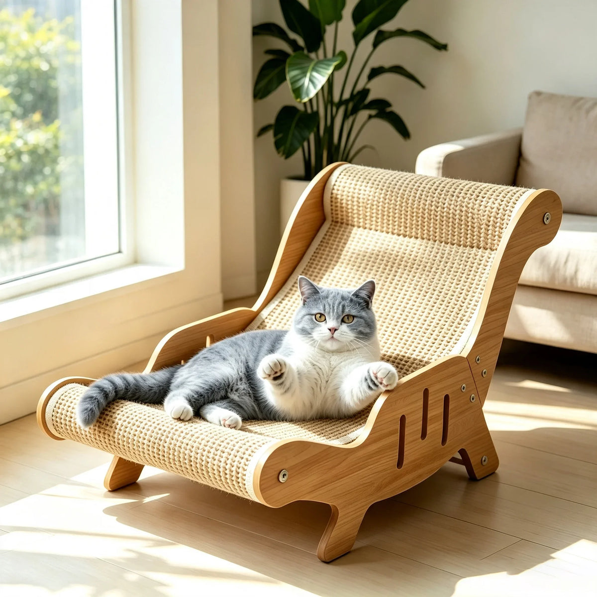 Wooden Sisal Cat Lounge Chair and Multi Functional Scratcher for Playtime