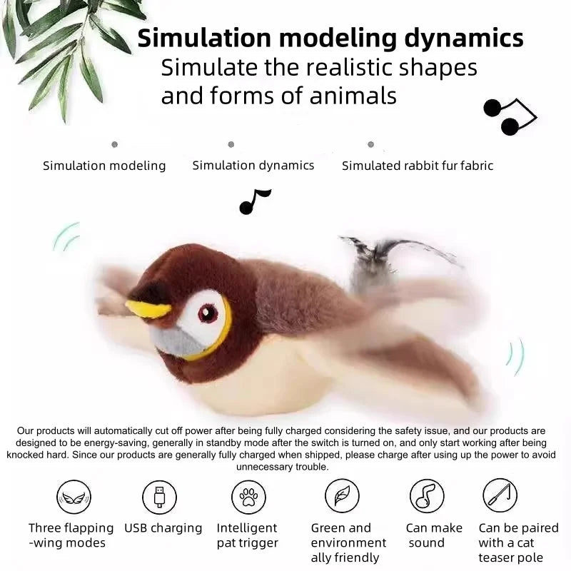 Simulated Bird Cat Toy With Touch Activated Chirping Plush Pet