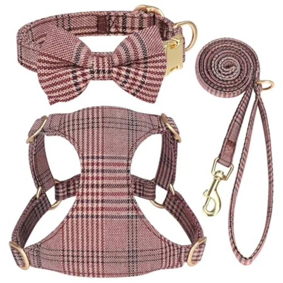 Adjustable Plaid Dog Harness Collar and Leash Set with Bowtie