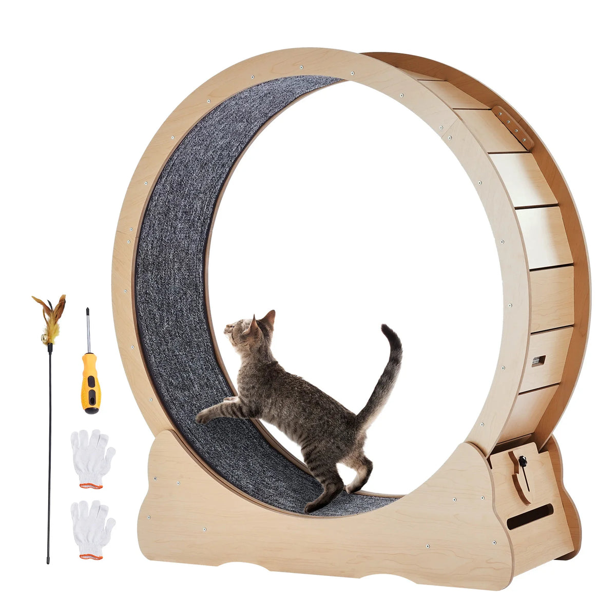 Wooden Cat Exercise Wheel With Detachable Carpet And Teaser