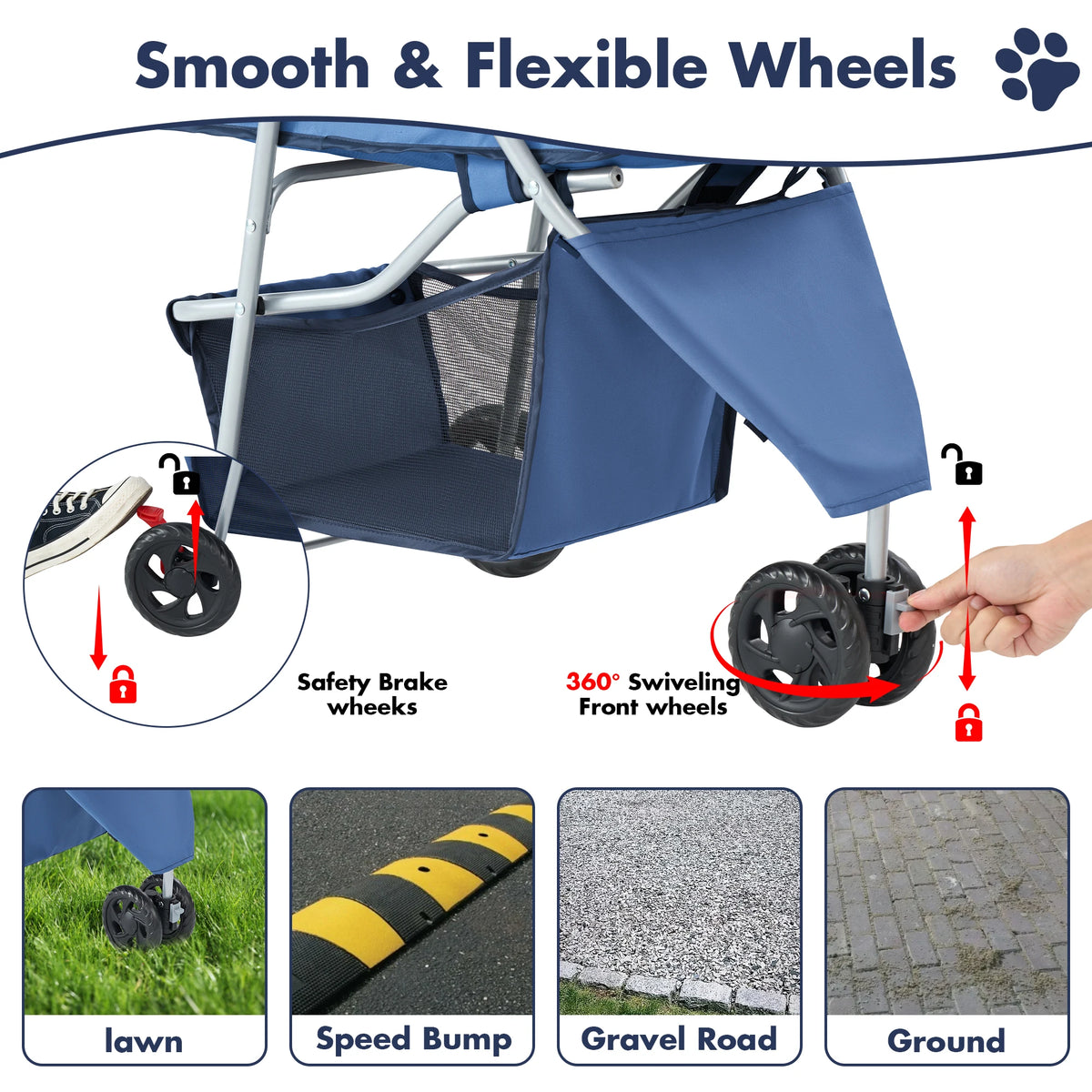 DUMOS Foldable Triple Wheel Pet Stroller For Dogs Cats Outside