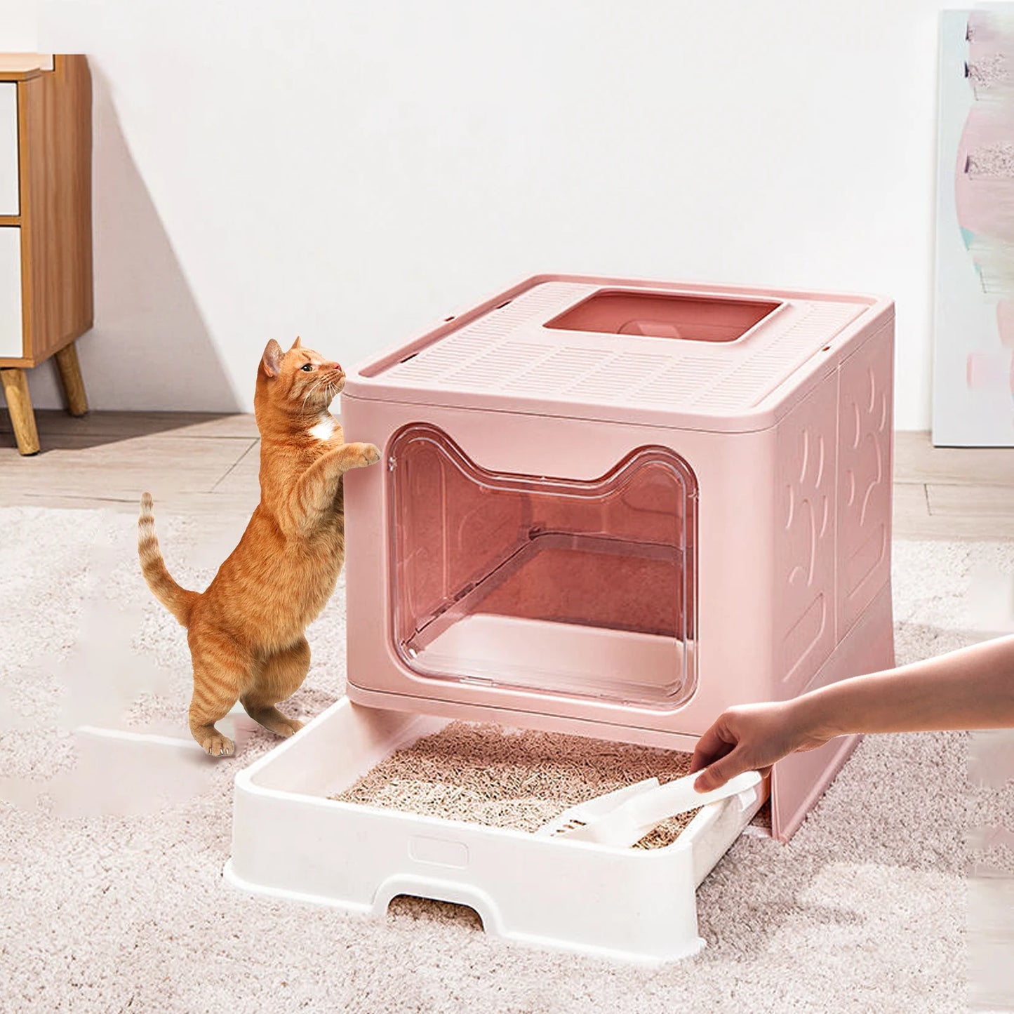 Foldable Portable Litter Box Enclosure With Fully Closed Scoop Drawer