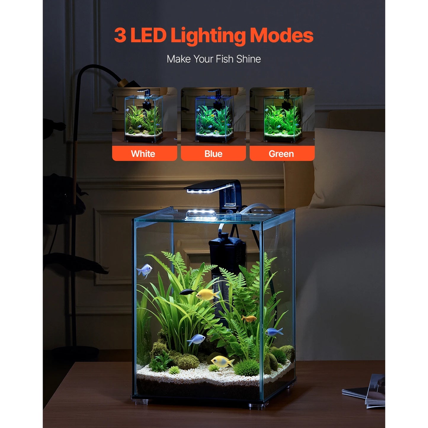 SucceBuy Fish Tank Aquarium 2/5Gal Square Ultra-Clear Glass Starter Tank Adjustable 3 Color Lighting Self Cleaning System for Home