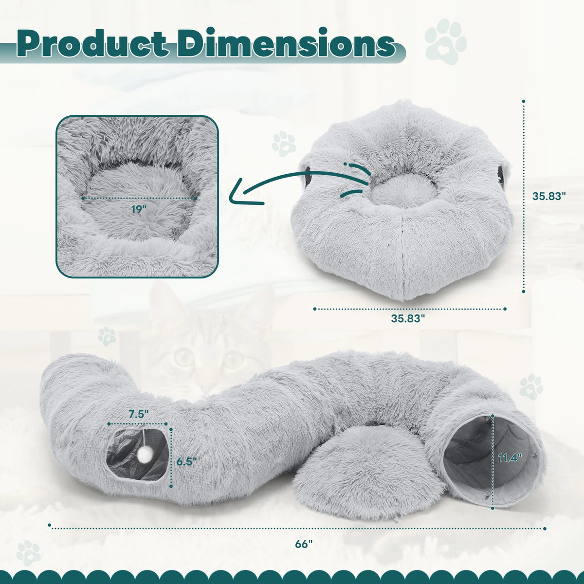 JHK Cat Tunnel Bed with Plush Hideaway and Play Space