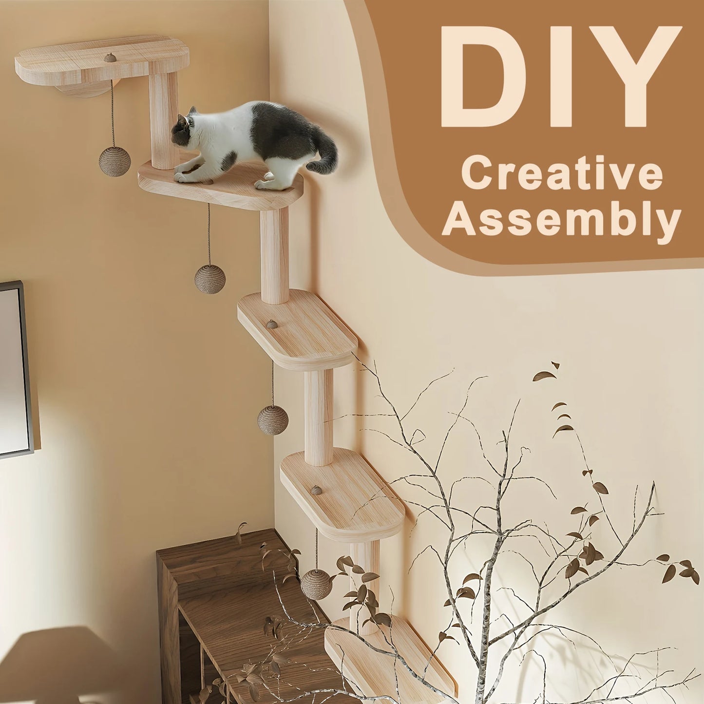 Five Step Wooden Cat Climbing Frame Wall Mounted Ladder Shelf